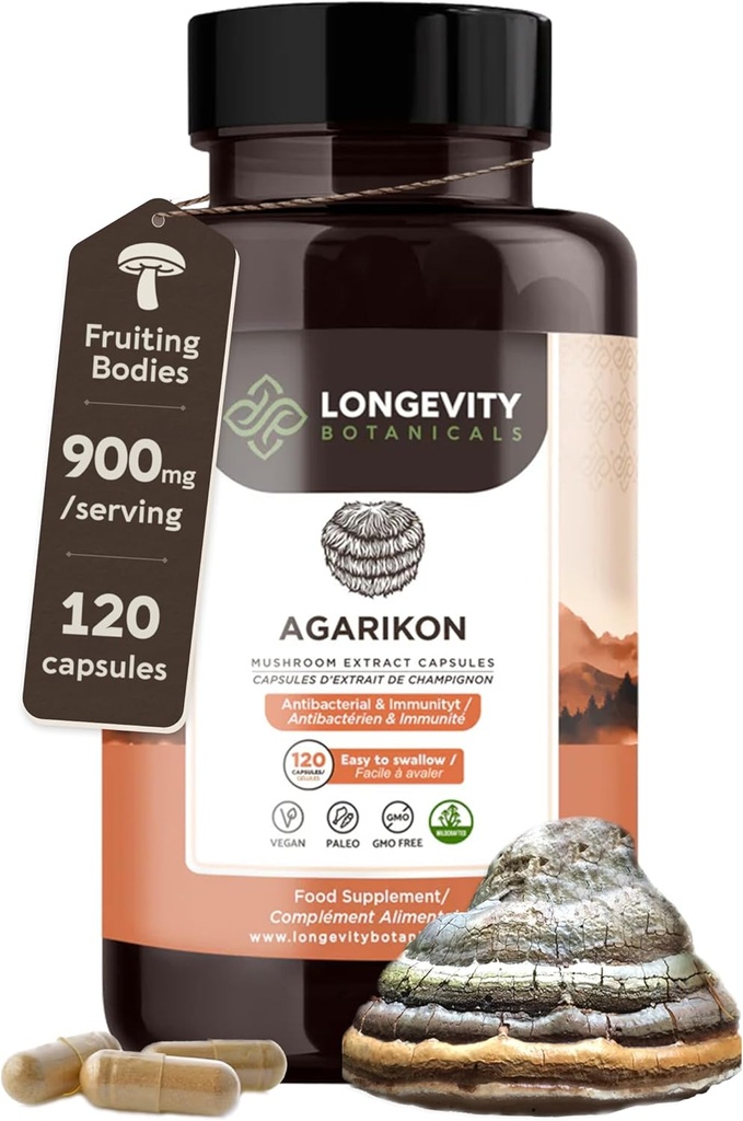 Longevity Botanicals Agarikon Mushroom Extract Capsules (120) | Mekanik 10:1 Oran | 100% Meyve Bodies | Laricifomes Officinalis Supplement for Immunity & Respiratory Support Capsules