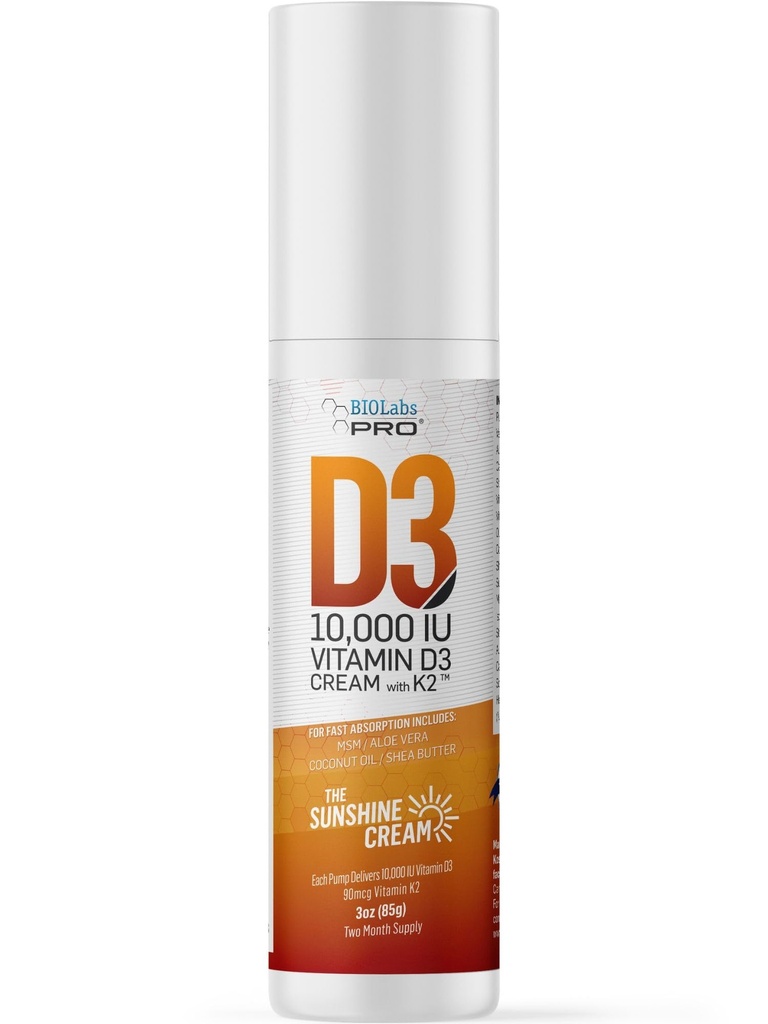BIOLABS PRO All Natural Vitamin D3 10000IU Vitamin D Cream - Maximum Strength - Fight Vitamin D Deficiency Naturally - with Vitamin K2 & Olive Leaf Extract - Safe & Effective (10,000IU - 3.0oz)