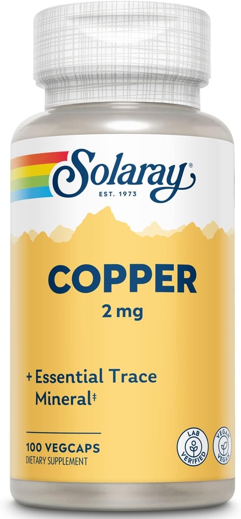 Solaray Copper 2 mg | Sağlıklı Kırmızı Kan Hücre Formu, Immune ve Nerve Function Support | Non-GMO | 100ct