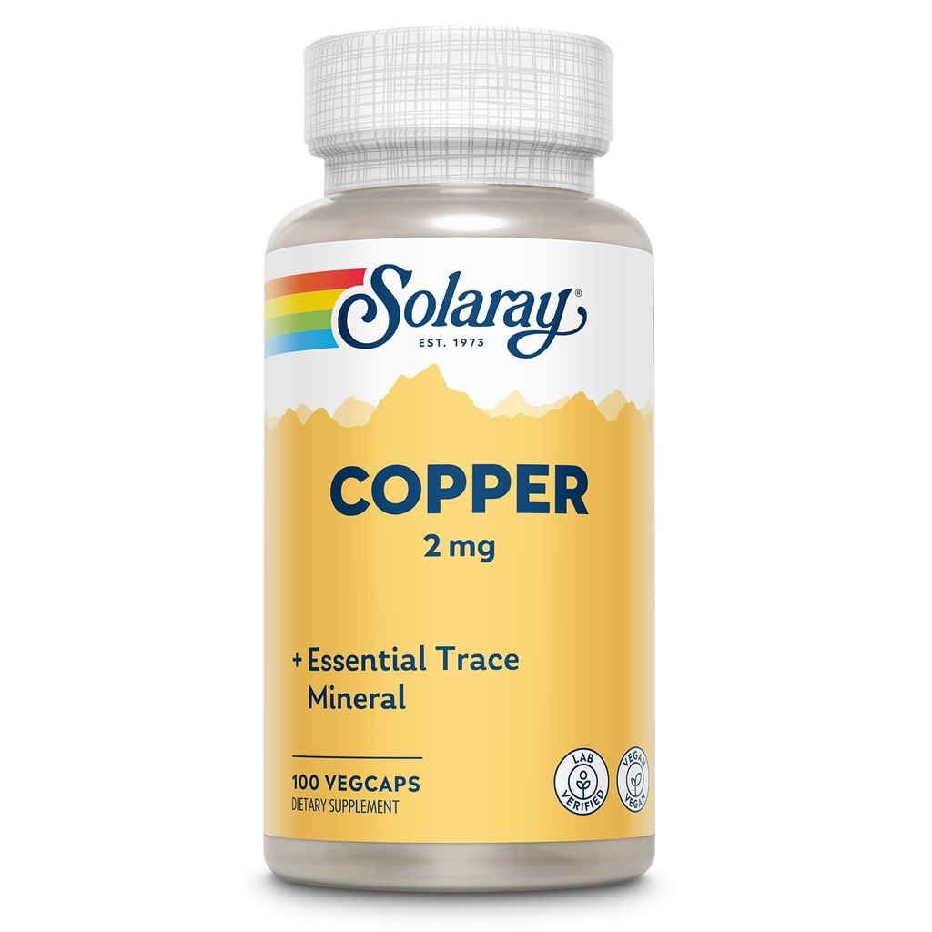 Solaray Copper 2 mg | Sağlıklı Kırmızı Kan Hücre Formu, Immune ve Nerve Function Support | Non-GMO | 100ct