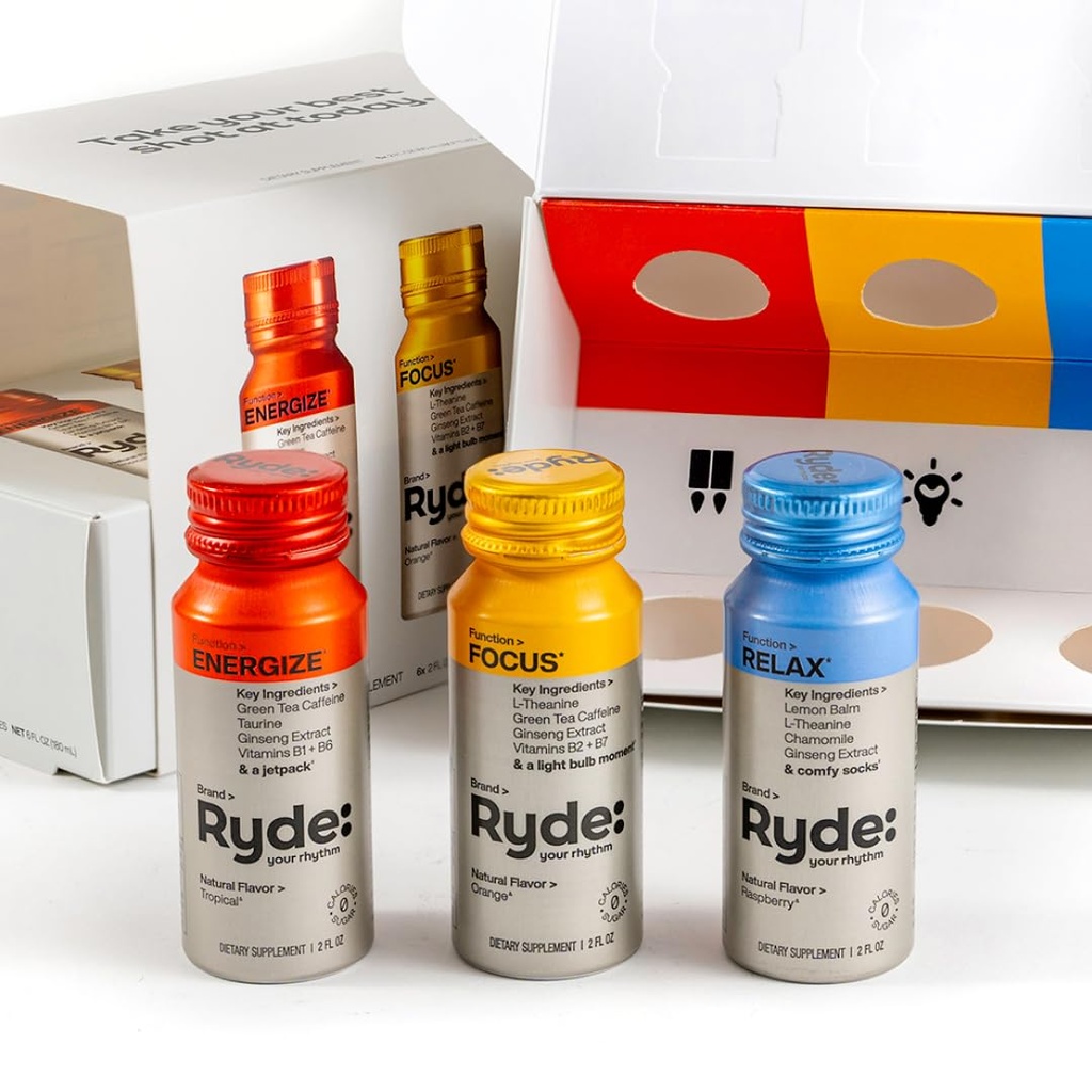 RYDE: Discovery Pack | Energize, Focus & Relax Shots | Green Tea Caffeine, Taurine, Ginseng, B Vitamins, L-Theanine, Lemon Balm, Chamomile | 0 Calories, 0 Sugar | Farklı Paket – Try Them All (6 Pack)