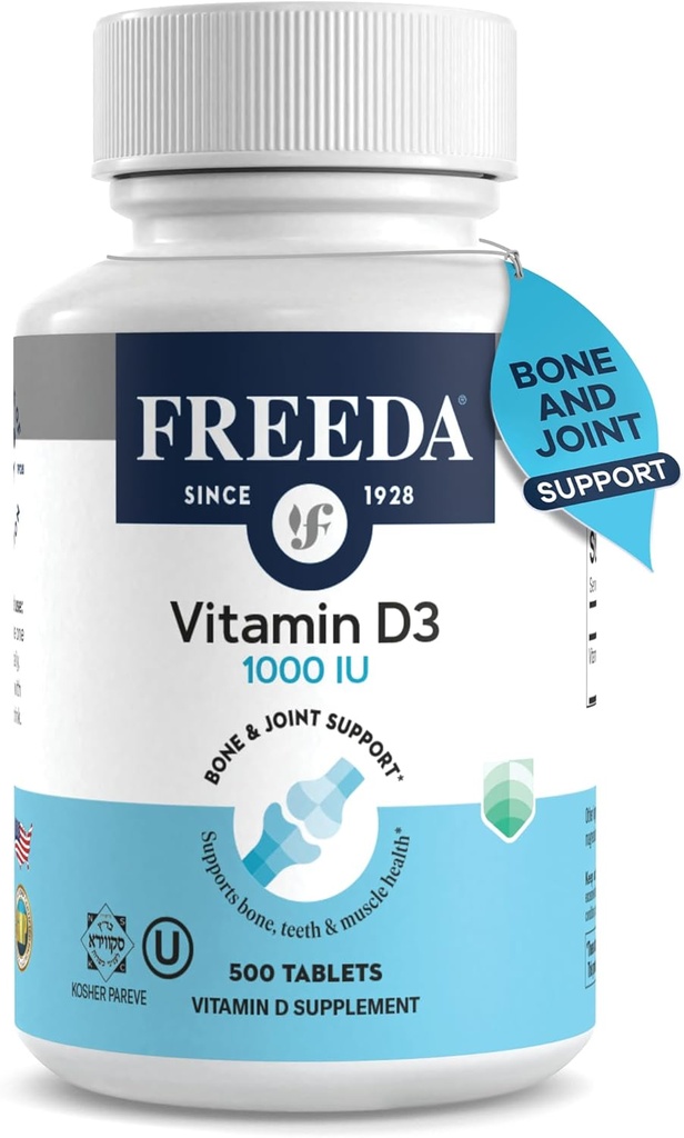 FREEDA Vitamin D3-1000 IU - Pure High Potency Kosher Supplement Tabletler - Bone and Muscle Health,dis Abors, Immune Support for Men and Women* - 500 Kont Count Count Count