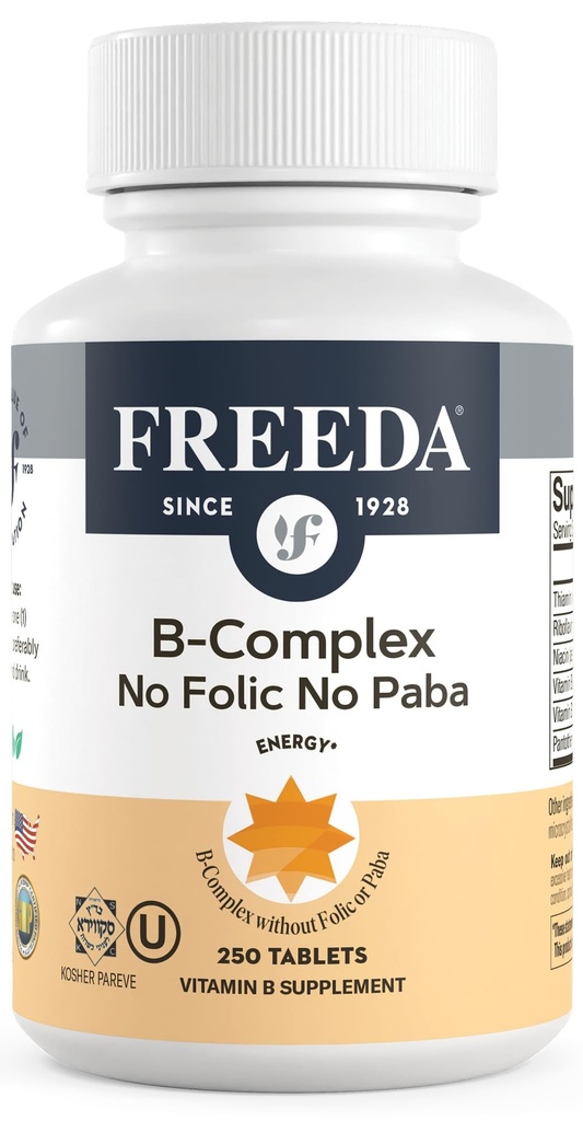 Freeda Vitamin B Complex No Follic No PABA - Super B Complex Kosher Vitamin Supplement with Vitamin B1 Vitamin B2 Vitamin B3 Vitamin B5 Vitamin B6 Vitamin B12 - Vit B Complex B for Women & Men (250 Ct)