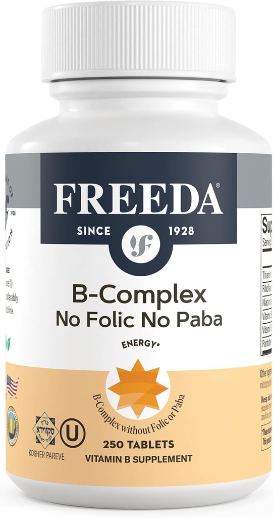 Freeda Vitamin B Kompleksi No Folic No PABA - Super B Complex Kosher Vitamini B3 Vitamin B5 B6 Vitamin B12 - Kadınlar ve Erkekler için B Kompleks (250 Ct)