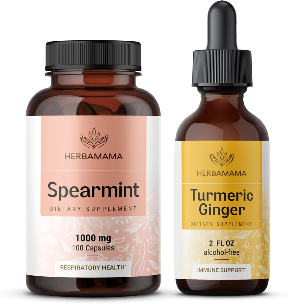 HERBAMAMA Spearmint ve Turmeric Ginger Kit - 1000 mg Spearmint Leaf Capsules & Turmeric Ginger Tincture 2 fl oz - Vegan, Non-GMO, Sugar & Alkol-Free - 2 Pack