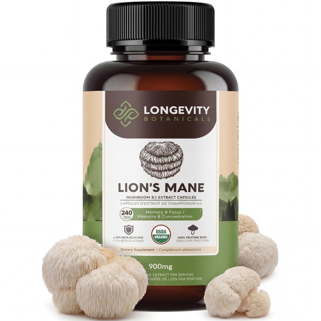 Longevity Botanicals Lion's Mane Mushroom Extract Capsules (240) | Yoğun 8:1 Karşılaştırma | 100 Meyveli Bodies | Hericium Erinaceus Nootropic Supplement for Focus, Memory & Brain Support