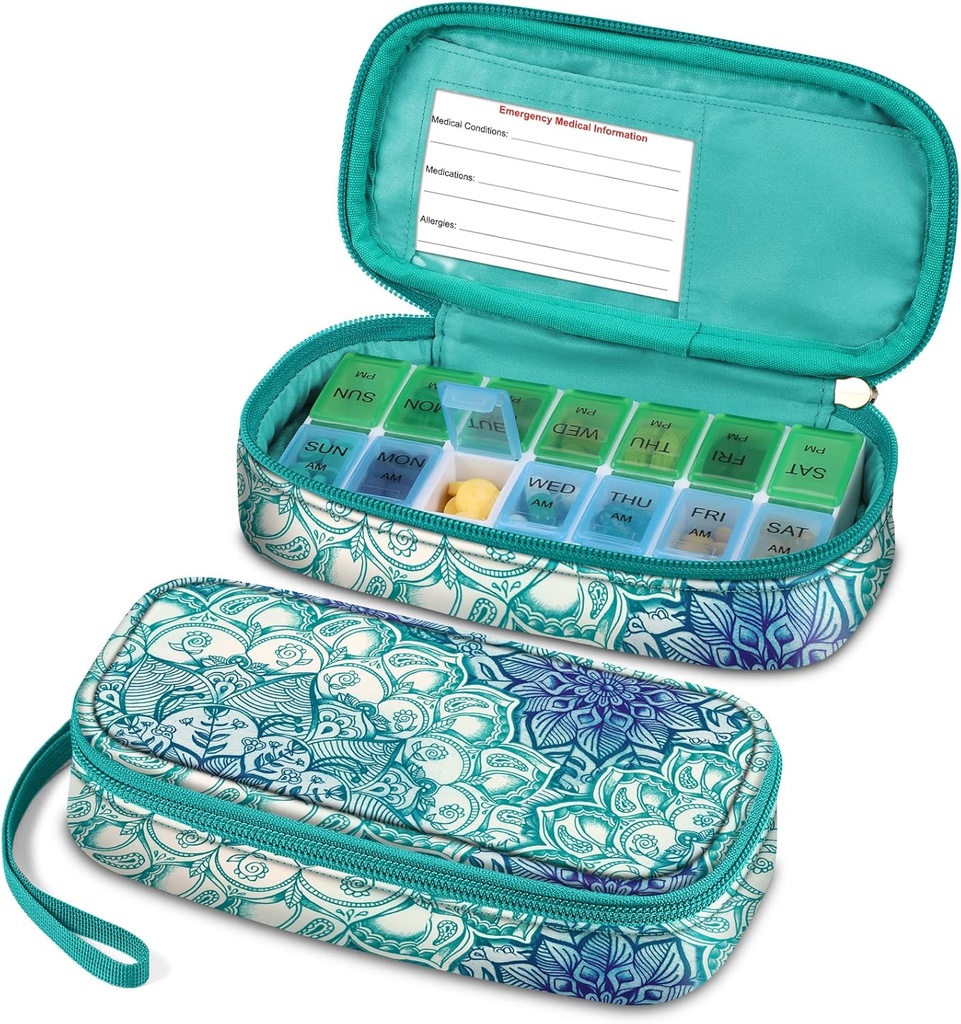 FINPAC Weekly Pill Organizers, Travel Pill Case 7 Day AM/PM Medicine Container and Dispenser Δύο φορές την ημέρα Pill Box με κάρτα έκτακτης ανάγκης για ιατρικά συμπληρώματα, βιταμίνες (Emerald Illusions)