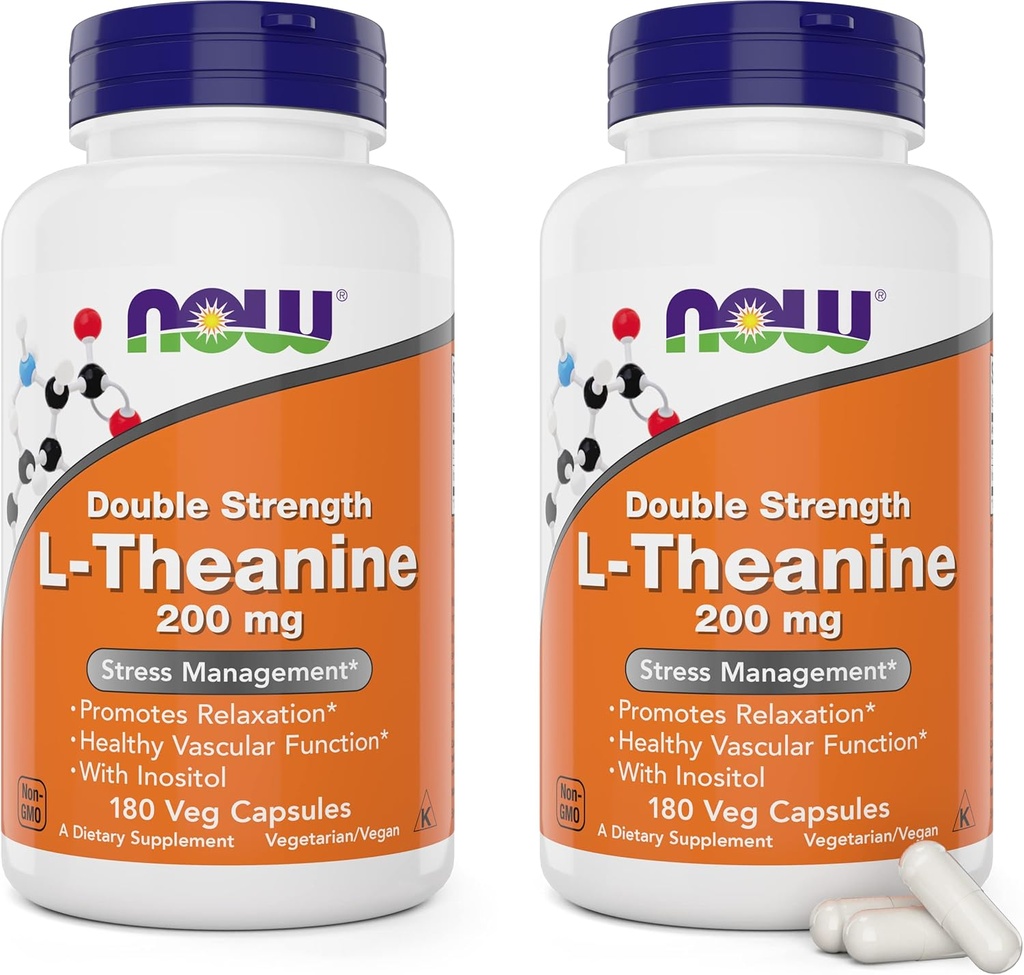 Şimdi Gıdalar L-Theanine, Double Strength 200 mg Per Cap - 180 Veg Capsules (Pack of 2) (360 Total caps) - 100 mg Inositol ile gelişmiş - Vegetarian, Non-GMO - Ltheanine 200 mg Supplement