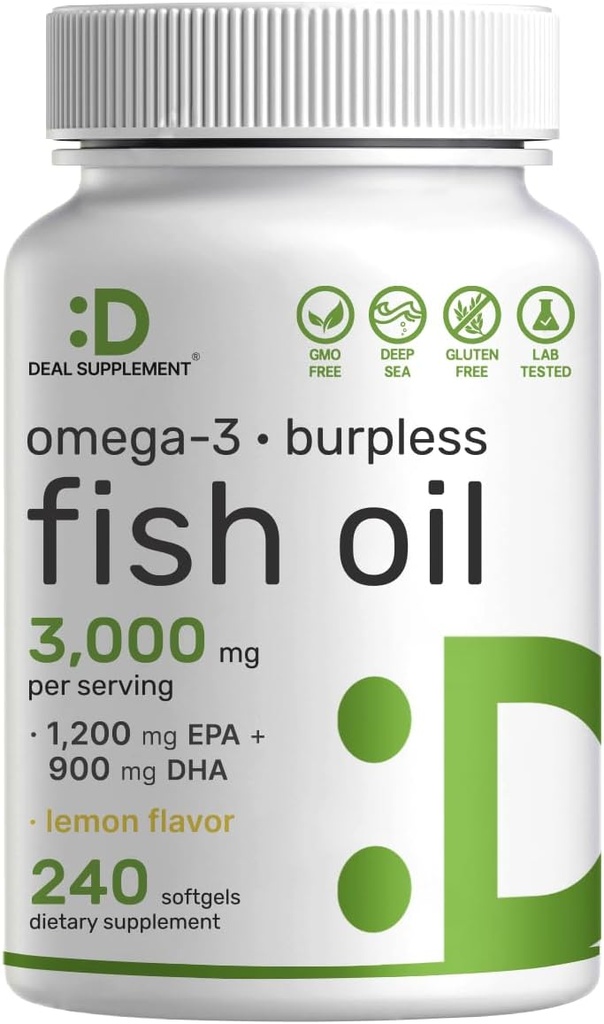 ΛΕΠΤΟΜΕΡΗΣ ΣΥΜΠΛΗΡΩΜΑ Ωμέγα 3 Fish Oil Συμπληρώματα, 3.000mg ανά υπηρεσία, 240 Softgels – EPA 1.200mg + DHA 900mg – Χάπια χωρίς Burpless, Λεμόνι Γεύση, Άγρια Παγωμένη – Εγκέφαλος & Καρδιά Υποστήριξη – Ερμής Χωρίς, Μη ΓΤΟ