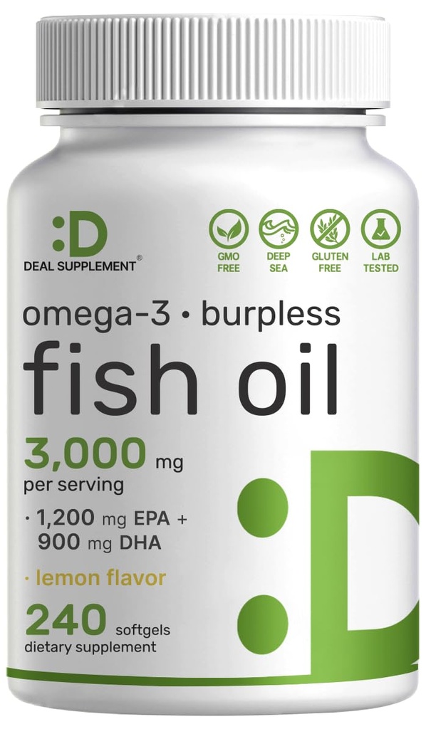 DEAL SUPPLEMENT Omega 3 Fish Oil Supplements, 3000 mg EN 240 Softgels – EPA 1.200 mg + DHA 900 mg – Burpless Pills, Lemon Flavored, Wild Caught – Brain & Heart Support – Mercury Free, Non-GMO