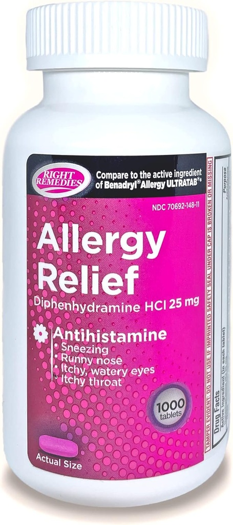 Antihistamin, Diphenhydramine HCl 25 mg, Generic Benadryl Ultratabs, Relieves Mevsim Kapalı veya Açık Üst Kompiratory Tüm Enerjiler, 1000 Kont