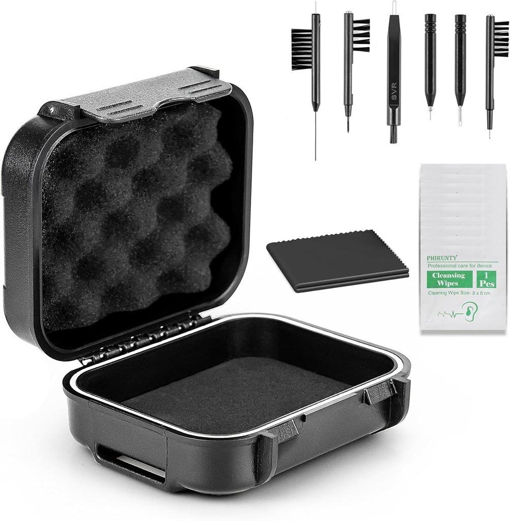 18 Pieces Set High Seal Waterproof Hearing Aid Case with Extractable Sponge, Drop-Proof, Shock-Proof and Crush-Proof Storage Box, Hearing Aids Accessories with Cleaning Kits Cleaning Tool