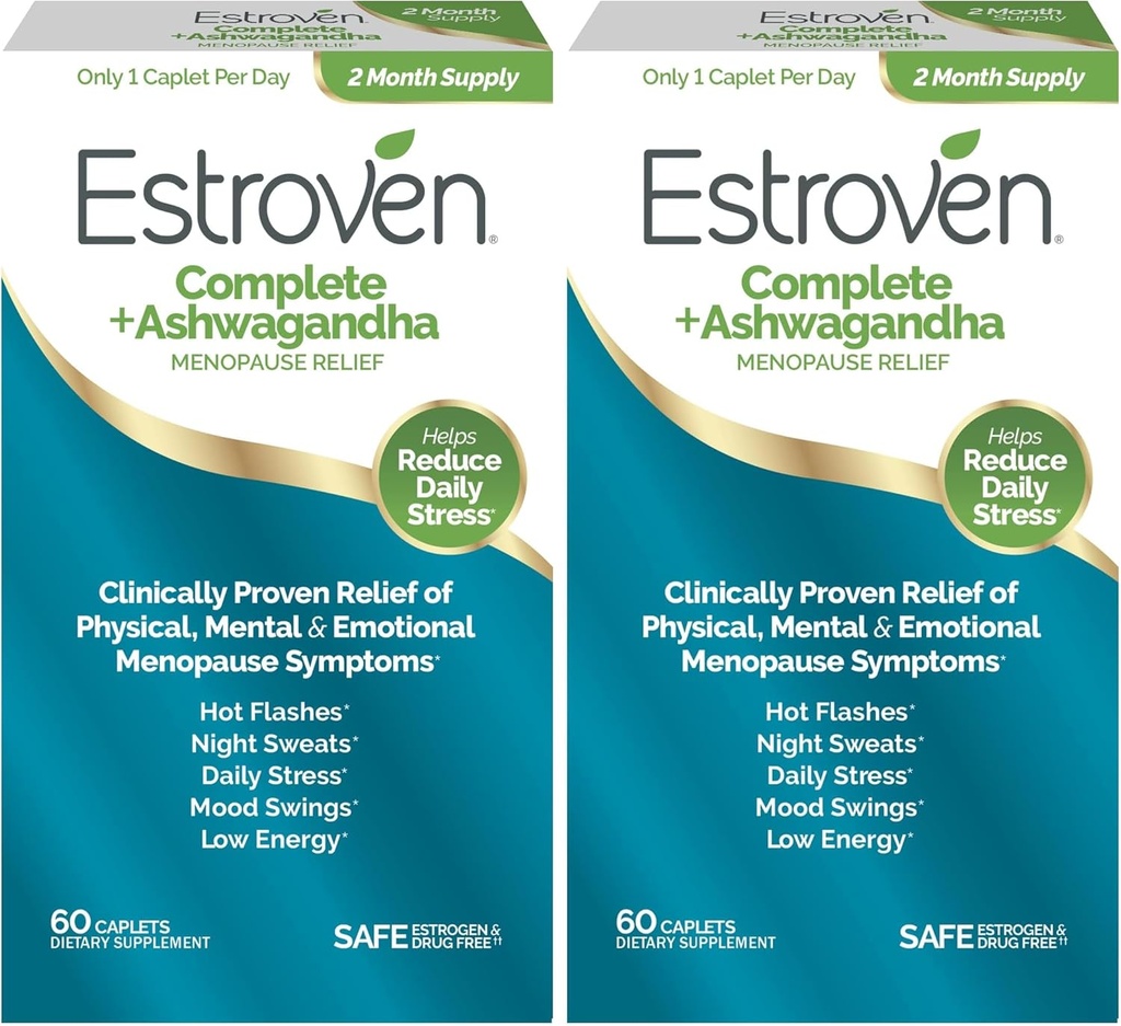 Estroven Tamam + Ashwagandha Multi-Symptom Menopause Supplement for Women - Klinik olarak Proven Malzemeler Menopause Relief & Night Sweats + Hot Flash Relief* - 4 Ay Supply (Pack of 2)