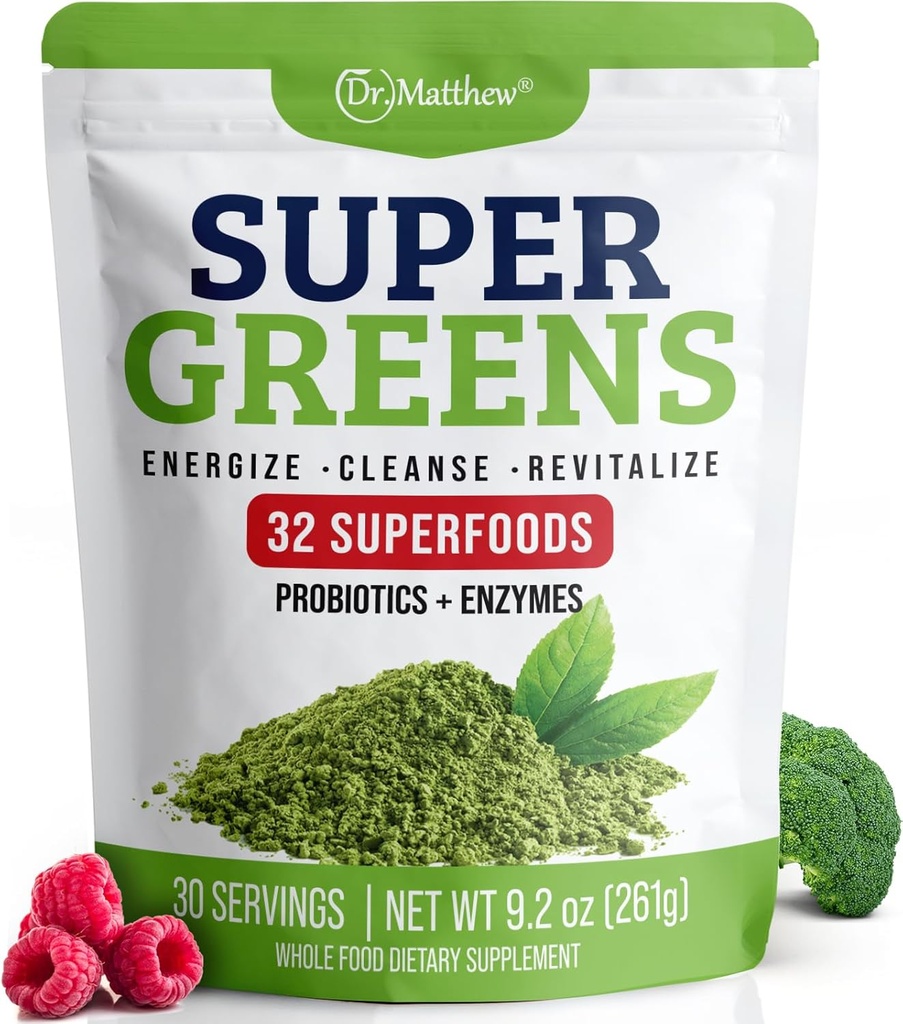 Green Juice Toz. Supergreens Superfood Toz. Bloating ve Digestion için Detox Greens. Veggie Toz Probiyotiks & Enzymes ile. Chlorella, Spirulina, Buğday Grass, Ashwagandha. 32 Superfoods