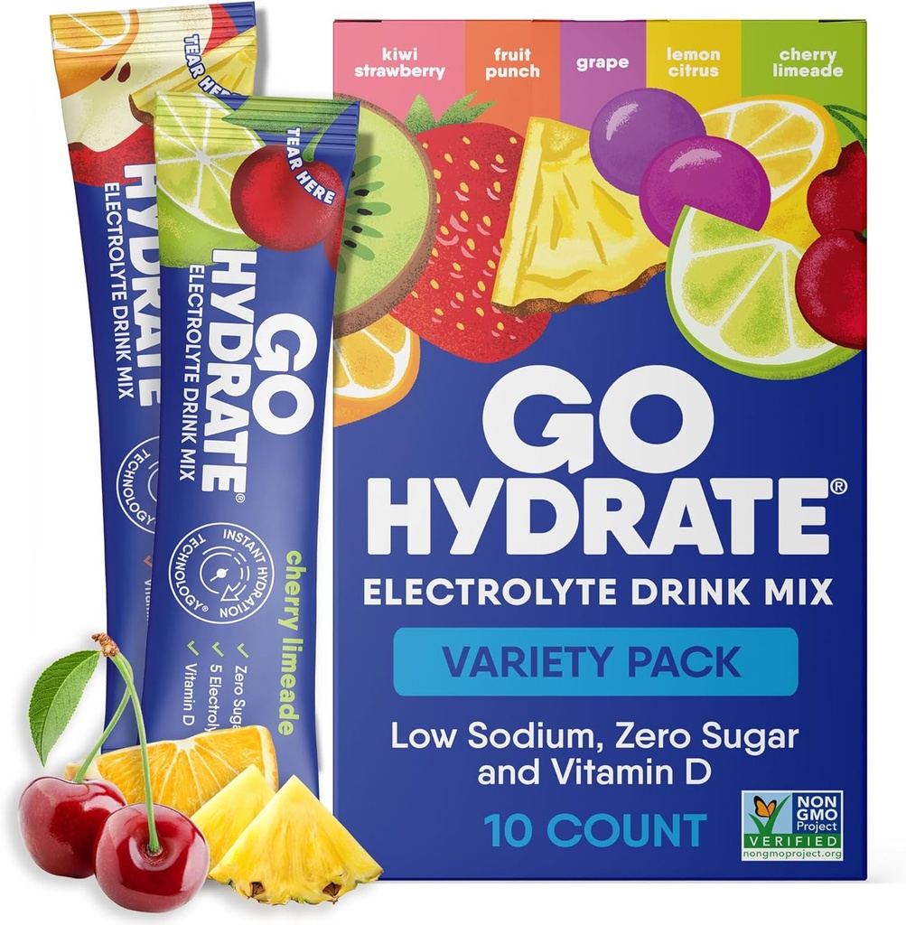 GoHydrate Instant Hydration Toz Paketleri - Low sodyum Electrolytes Drink Mix - Natural Hydration Support, Sugar Free Electrolyte Flavored Toz İçecek D, 10 Packs, karma