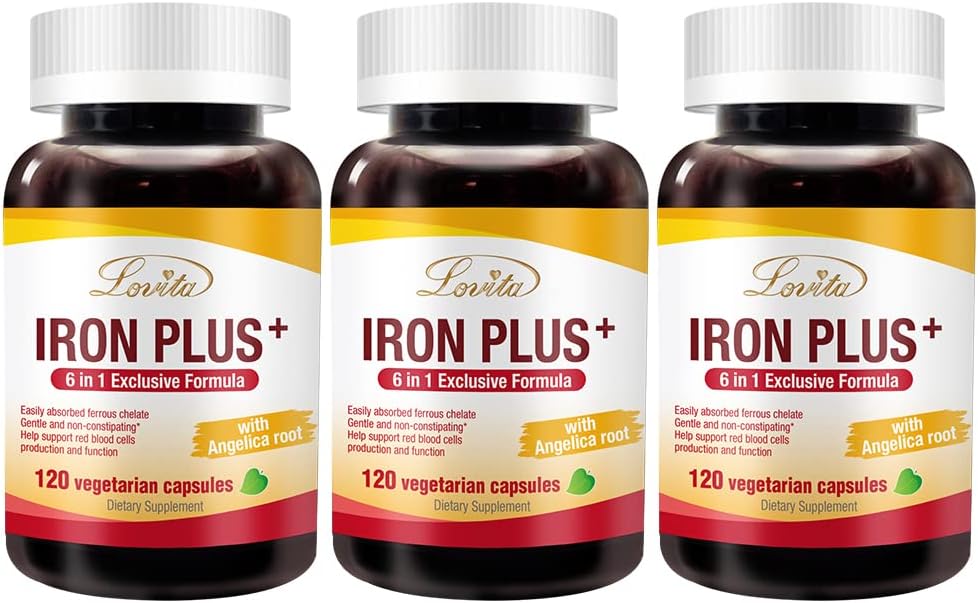 Lovita Iron 18 mg, 6 σε 1 συμπλήρωμα σιδήρου για γυναίκες, με βιταμίνη C, Dong Quai & B12, Vegan Βιταμίνη για την υποστήριξη της παραγωγής ερυθρών αιμοσφαιρίων χωρίς δυσκοιλιότητα, 120 κάψουλες (πακέτο των 3)