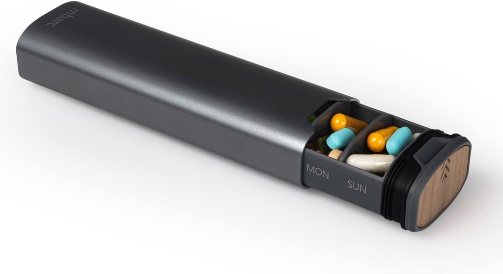 7 Day Weekly Pill Organizer 2.0 by mbarc - Premium Şık alüminyum ve Wood Büyük Kapasite Pill Box for Supplements, Pills, Vitaminler ve İlaçlar için. (Çelik Grey)