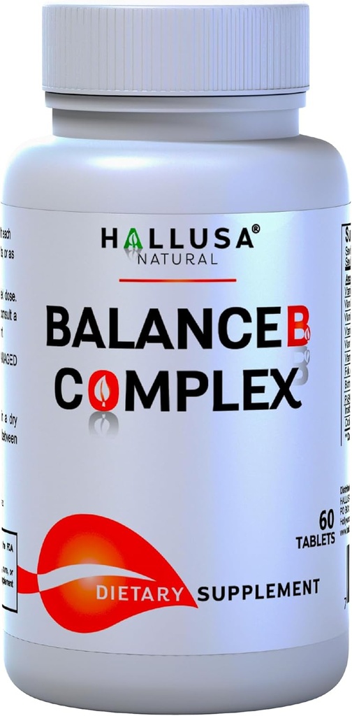 Hallusa Natural Vitamin B Kompleksi Biotin, B12, B6, B5, B3, B2 – Enerji, Metabolism & Saç Destek 60 Tablet - Folic Acid ile Daily B-Complex Supplement, Inositol & Choline