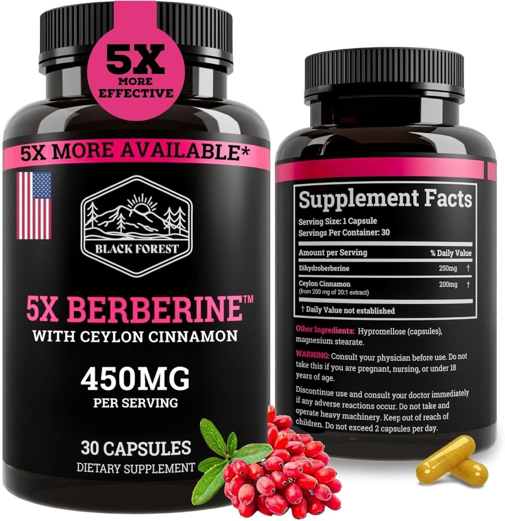 Black Forest 5X Berberine a Dihydroberberine Supplement (Super Berberine Now 5X More Refficient Than Regular Berberine HCL) Καλύτερη Dihydroberberine με Ceylon Cinnamon - Παρόμοια με το berberine Phytosome