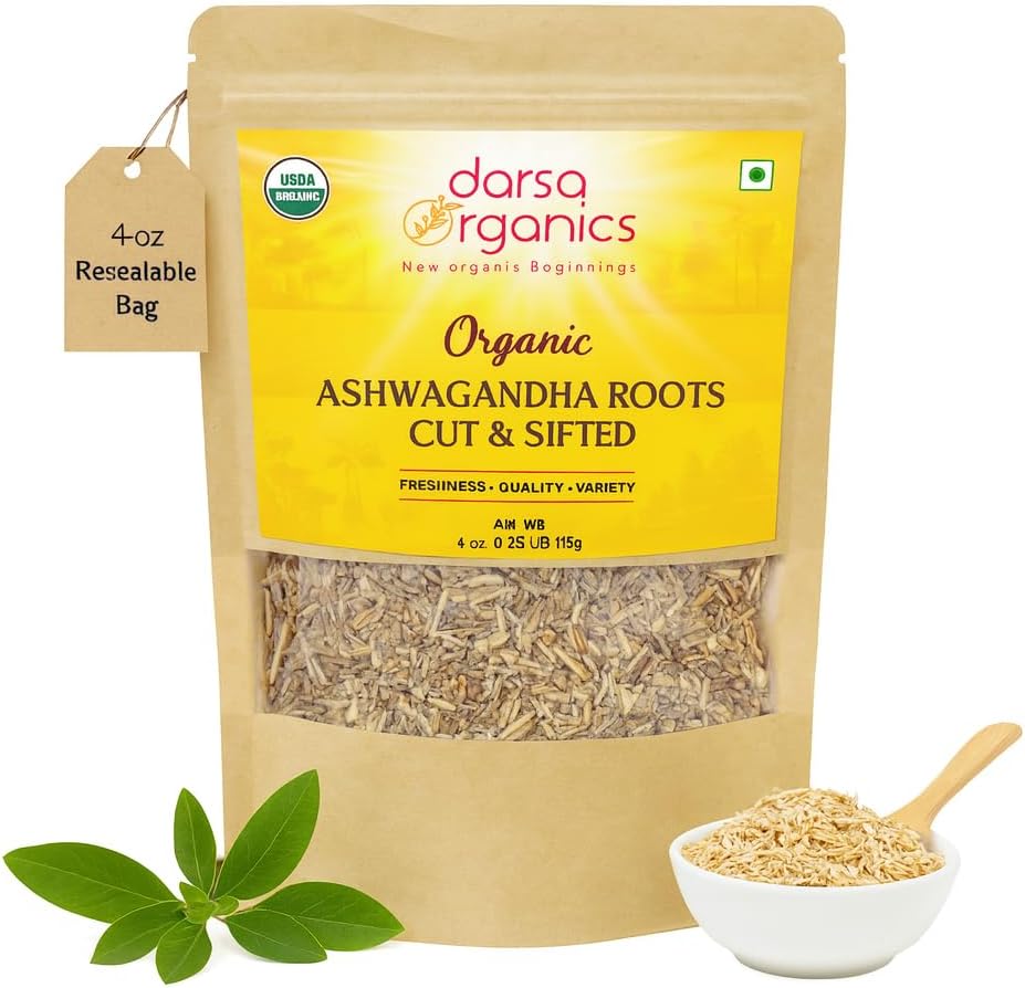 Ashwagandha Root Cut & Sifted 4 oz - USDA Organic Certified Withania Somnifera Υποστηρίζει υγιή ανακούφιση στρες, την ενέργεια και τον ύπνο, μεγάλη για τσάι και smoothies, μη GMO, Vegan, Kosher
