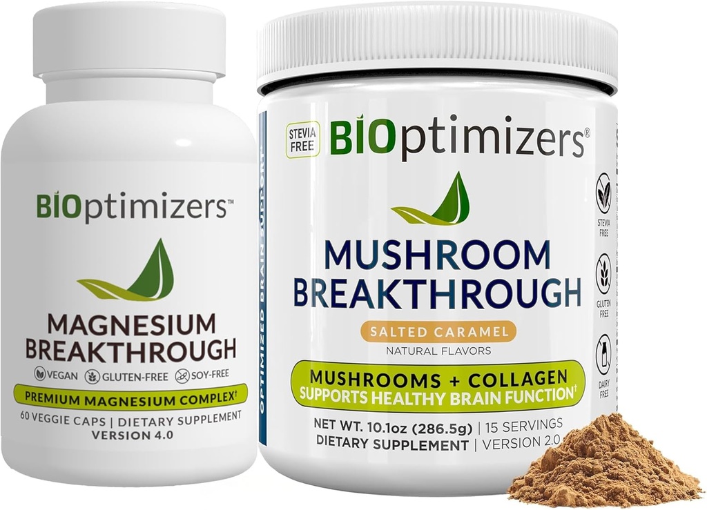 BiOptimizers Magnesium Breakthrough 4.0, (60 κάψουλες) & Mushroom Breakthrough σκόνη (Salted Caramel, 15 εξυπηρετούν) - φυσικό ύπνο και εγκέφαλο Superfood & συμπλήρωμα Bundle