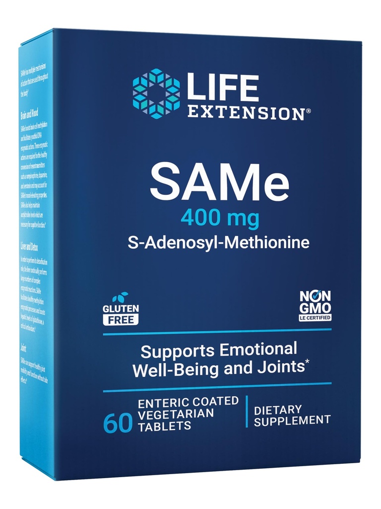 Life Extension Same, S-Adenosyl-Methionine, 400 mg, Best-Selling Mood Health, Liver Health and Joint Support Supplement, Non-GMO, Vegetarian, Gluten Free, 60 enteric-Coated Tabletler