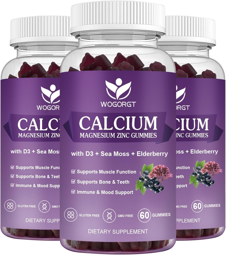 B3 Vitamin D3 ile Magnezyum Gummies - Deniz Moss ile Yüksek Apsiyon Kompleksi, Bone, Muscles, Immune, Mood & Sleep Support, Vegan - 60 Gummies (3 Pack)