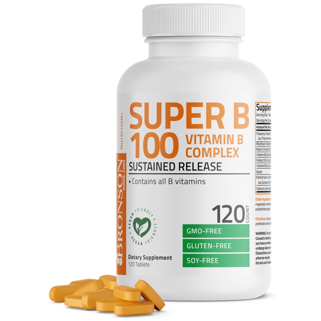 Bronson Super B100 Vitamin B Kompleksi Sustained release Contains All B Vitamins (Vitamin B1, B2, B3, B6, B9 - Folic Acid, B12), 120 Tablet