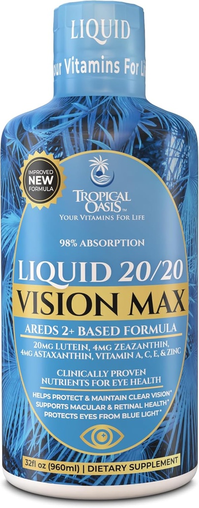 Sıvı 20/20 Vizyon - Eye Formula w/20mg Lutein, 4 mg Zeaxanthin, 4 mg Astaxanthin for Vision Support -Max Abxia- Great Taste & No Pills to Swallow- 32 Serv, 32oz