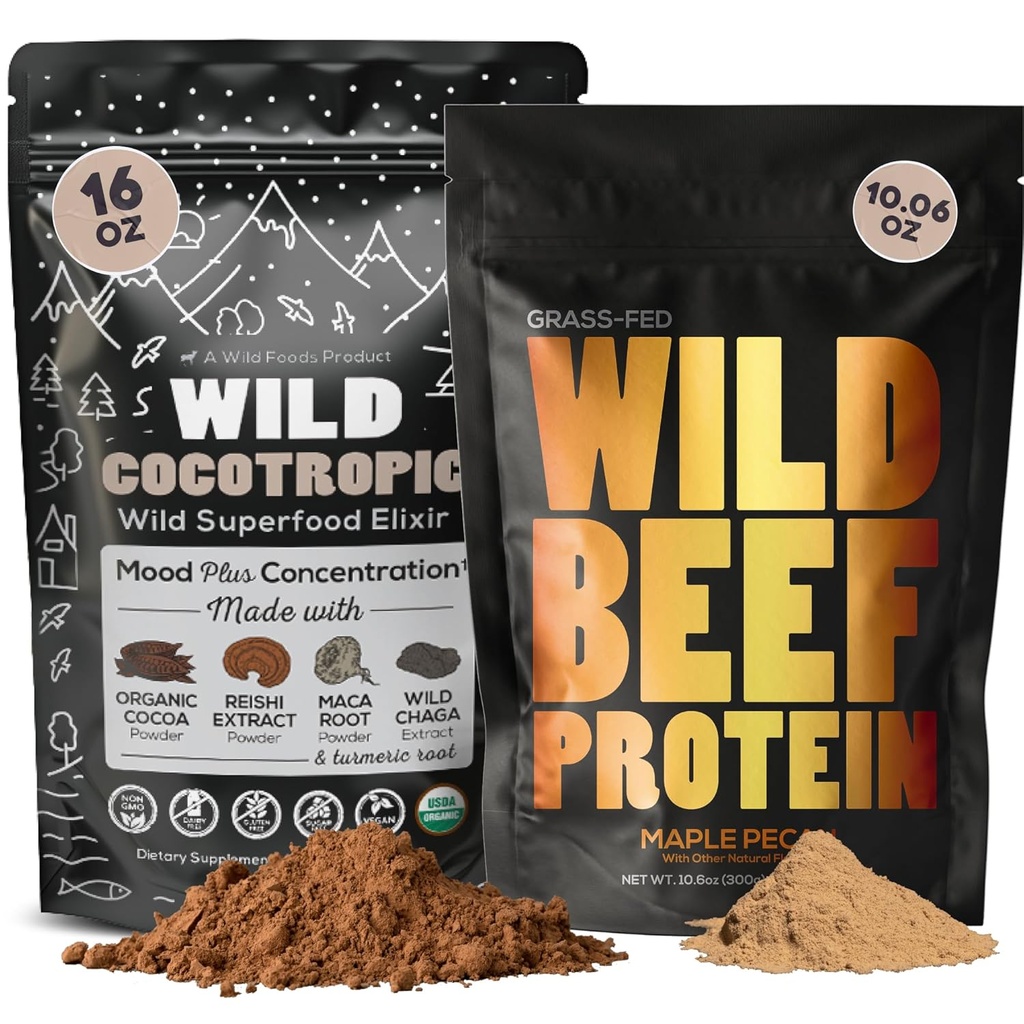 Cocotropic Organic Mushroom Cacao Mix (16oz) & Grass-Fed Beef Protein Powder (10oz) Bundle for Energy and Nutrition
