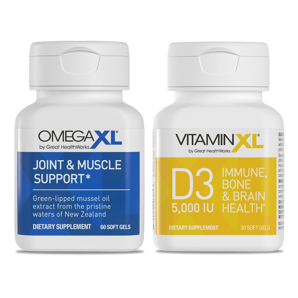 Συμπλήρωμα κοινής υποστήριξης OmegaXL - 60 Softgels & VitaminXL D3 Υψηλής ισχύος καθημερινή βιταμίνη D 5000 IU 125mcg συμπλήρωμα υποστήριξης ανοσοποιητικών (30 Softgels) - 2 συσκευασίες