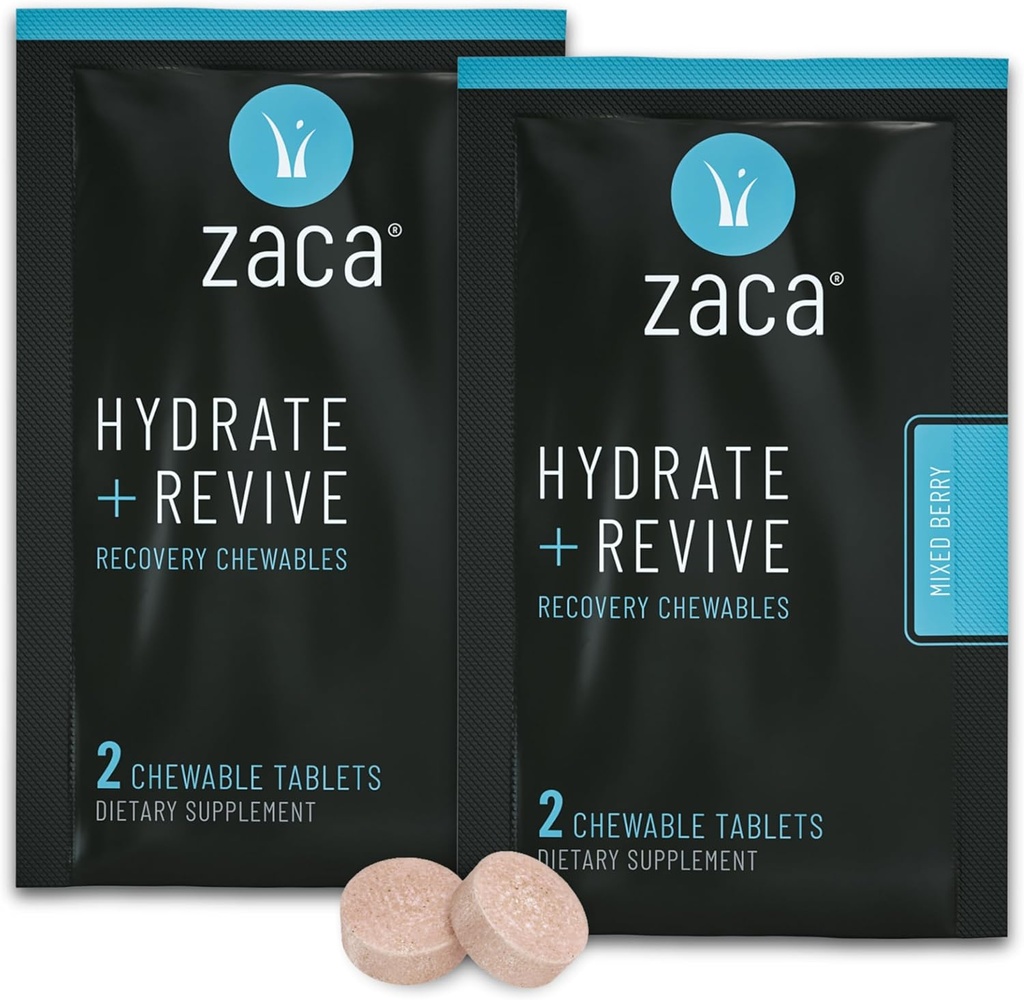 Zaca Recovery Chewable Supplement | Hydrate + Revive | Parti, Seyahat, Egzersiz ve Altitude | Non-Sugar & Non-Gluten | Karma Berry, 2 Packets = 4 Tabletler
