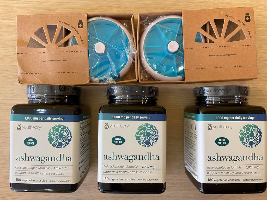 Youtheory Ashwagandha 1000 mg with KSM-66 - Sağlıklı Stres Yanıtını Destekleyin,180 Capsules (Pazar 3) ve 2 Pill Orgnizer