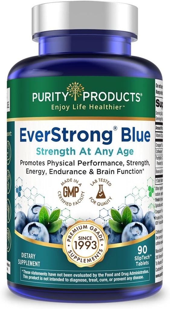Saf Ürünler EverStrong Blue Strength Building + Brain Boosting w/Muscle Matrix Mix ft. Kretine Monohidrat + Daha Fazla, Saf Blue Organic Blueberry Complex, 1000 IU Vitamin D3-90 Tabletleri
