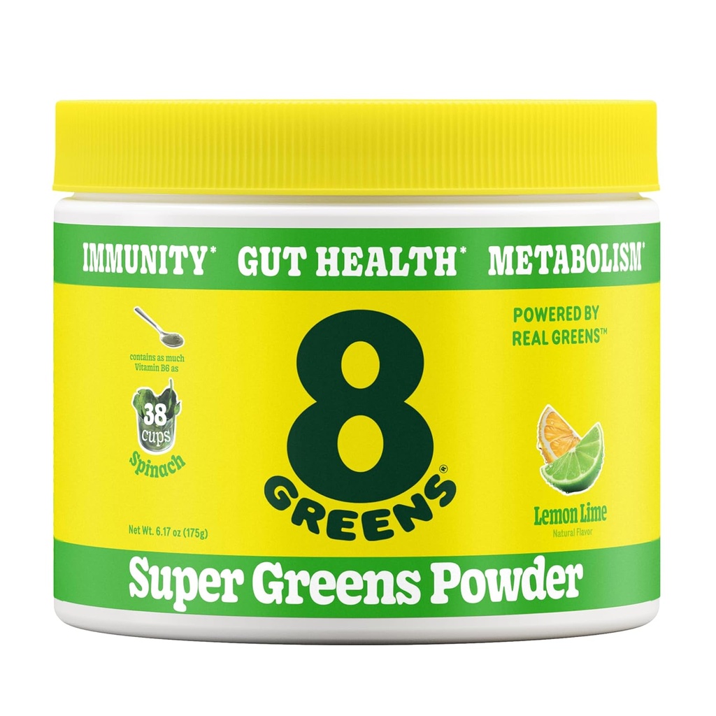 8Greens Super Greens Toz | Prebiyotik & Probiyotik Mix Superfoods for Gut Health, Metabolism, Debloating, Fiber, Digestive Enzymes, Organik: Spirulina, Chlorella, Lemon Lime, 25 Servisler