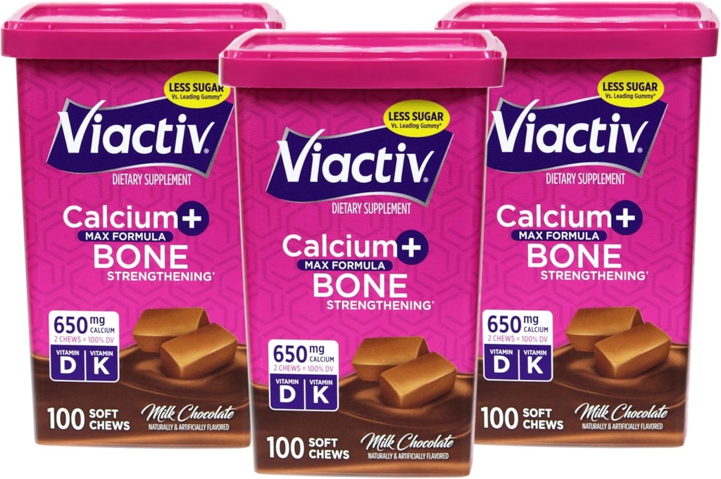 Viactiv Max Formula Calcium +Vitamin D3 συμπλήρωμα για τη σοκολάτα γάλακτος για την υγεία των οστών, 100 μαλακά μάσημα - 3 Pack
