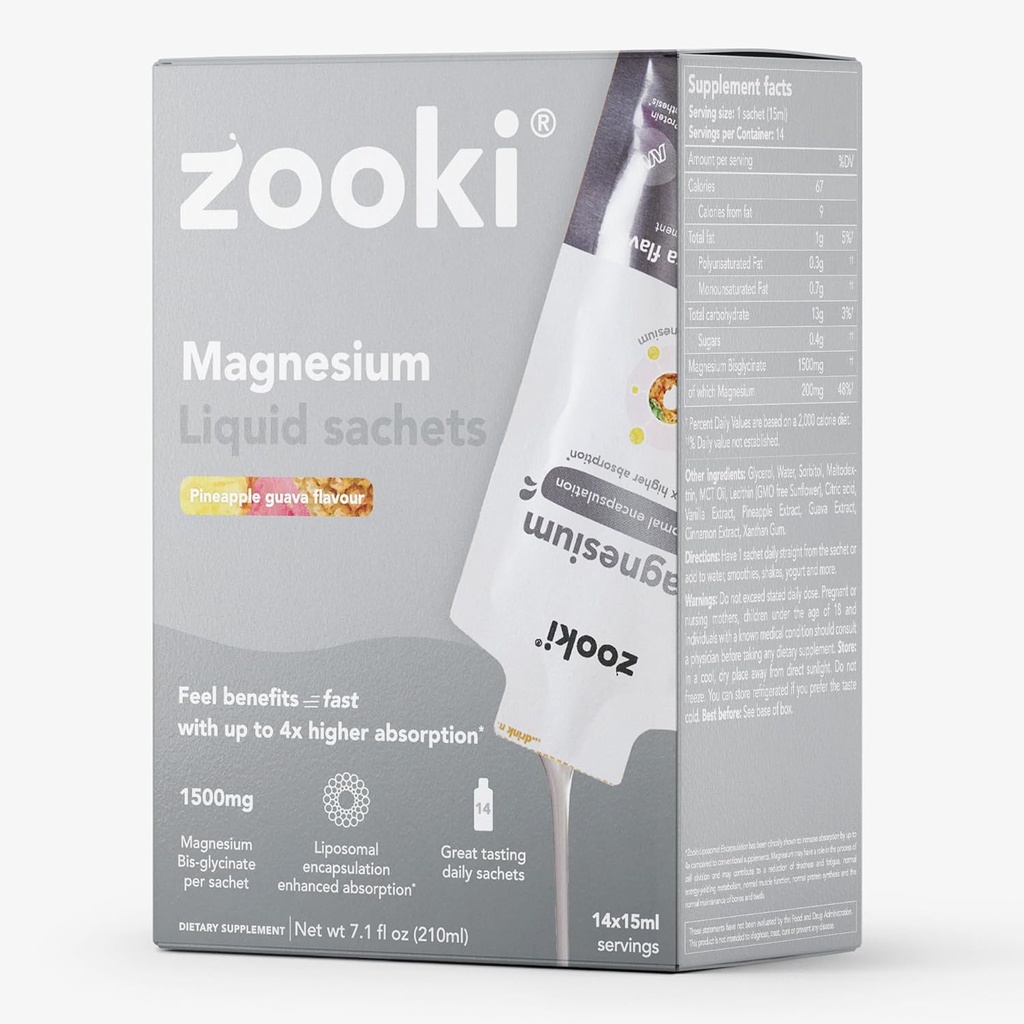 Zooki Liposomal Magnezyum Glycinate 1500 mg Sıvı - 4X Yüksek Aborpsiyon - Great Taste, Sugar Free, Vegan - Yüksek Güçlü Magnezyum Tabletlerine Alternatif - Uyku, Stres, Kas Cramps (14 Hizmet)