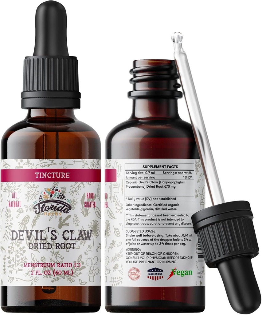 Devil's Claw Tincture Alcohol Free Organic Extract (Harpagophytum Procumbens) Herbal Supplement, Non-GMO in Cold-Pressed Organic Vegetable Glycerin, 700 mg, 2 oz (60 ml)