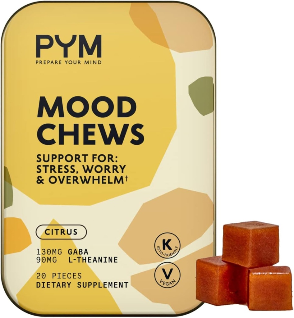 PYM Citrus Mood Chews Support for Stress, kaygı & Overwhelm, 20 Kont | 130 mg GABA, 90 mg L-Theanine | Vegan, Non-GMO, Gluten-Free, No Add Sugar | All- Natural Mood Balance Supplement Made in USA