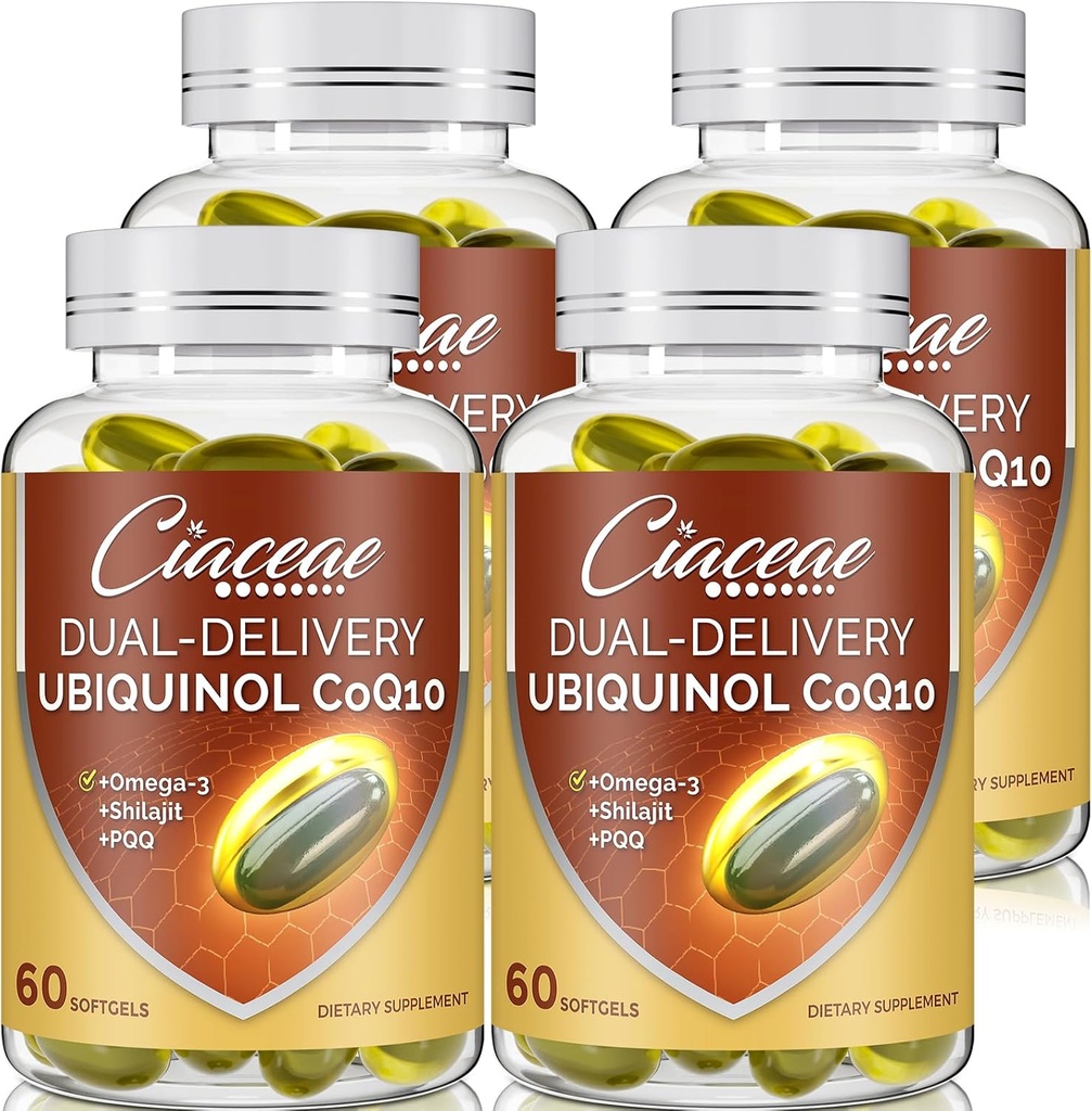 Ubiquinol CoQ10 600 MG Softgels with Omega-3 & Shilajit & PQ, Advanced Dual-Delivery Coenzyme-Q10, Active CoQ10 Ubiquinol Supplement for Fertness, Antioksi, Heart, Brain & Energy, 240 Servisler