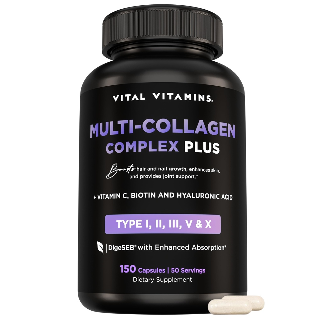 Vitals Multi Collagen Kompleksi Plus - Biotin, Hyaluronic Asit, C - Tip I, II, III, V, X - Kadınlar ve Erkekler için - Saç, Skin, Nails Beauty Kompleksi - 150 Capsules