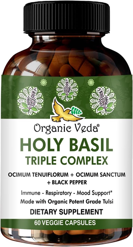 Organik Veda Holy Basil Capsules - Triple Kompleks Tulsi Holy Basil Leaf Extract - Support Respiratory Health, Immunity - Sağlıklı Stres Cevap & Mood - Vegan, Gluten-Free - 60 Count