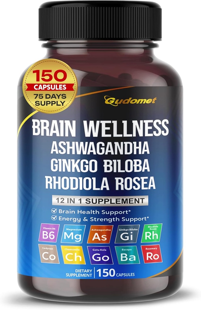 Beyin Wellness Ginkgo Biloba Rhodiola Cordyceps Chamomile Ashwagandha Gotu Kola Bacopa Rosemary Holy Basil Black Pepper -150 Capsules- Made in USA