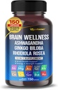 Beyin Wellness Ginkgo Biloba Rhodiola Cordyceps Chamomile Ashwagandha Gotu Kola Bacopa Rosemary Holy Basil Black Pepper -150 Capsules- Made in USA