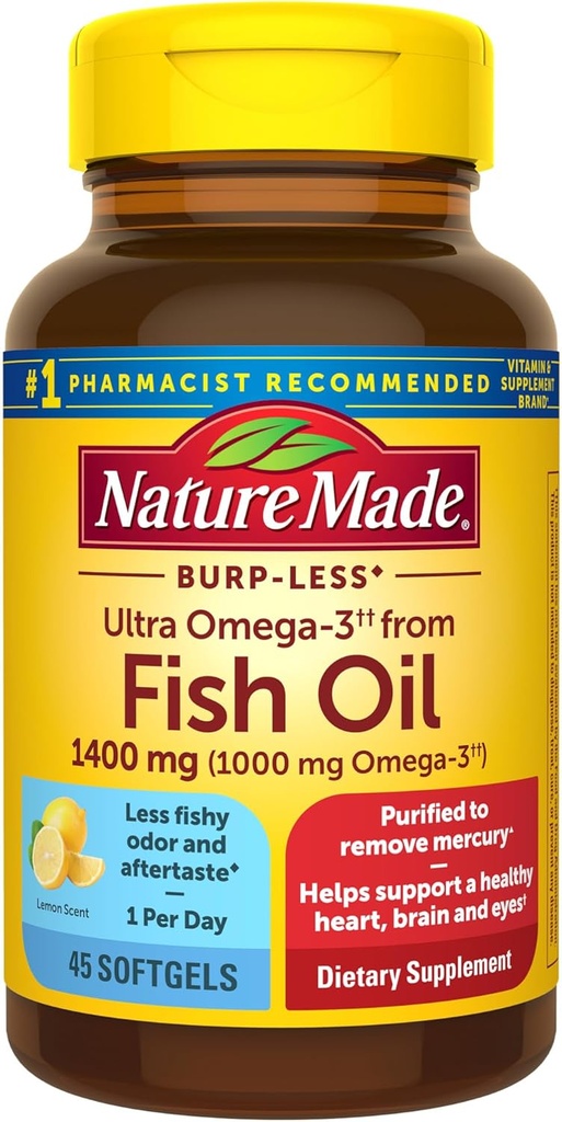 Nature Made Extra Strength Omega 3 Fish Oil Συμπληρώματα, 1400mg, Fish Oil Omega 3 Συμπληρώματα ως Esters Αιθυλική για υγιή καρδιά, εγκέφαλο, μάτια, υποστήριξη Mood, 45 Softgels, 45 ημέρα προσφοράς