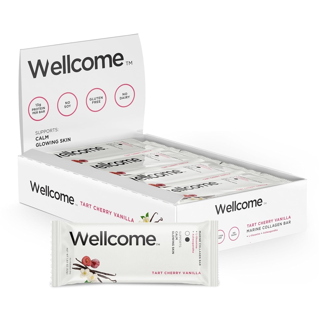 Wellcome Tart Cherry Vanilla Marine Collagen protein Bar with Ashwagandha and L-Theanine - Adaptojenik Snack Bar - Süt Free Health Bar for Fonksiyonel Active Lifestyle (Pack of 12)