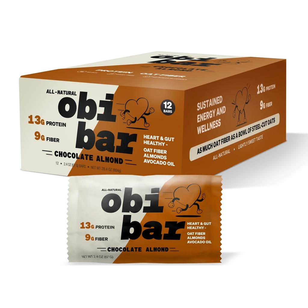 Obi Bar Chocolate Almond - Protein ve Oat Fiber Bar | All- Natural | Sustained Energy | Işıklı Tatlı Tadı | 100% Cocoa, Almond Chunks | AVOCADO OIL | Yumurta Beyaz Protein | Soy Ücretsiz Süt, Ücretsiz, No Sugar, No Tohum Yağları | 2.4oz, 12 Pack