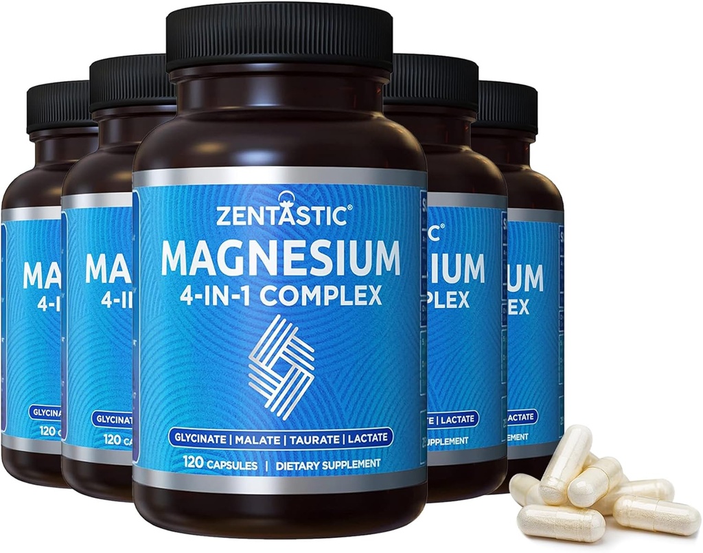 Zentastic Magnezyum Kompleksi - 600 Capsule Capsules - Chelated Magnezyum Glycinate, Malate, Taurate & Lactate - Support Bones, Muscles