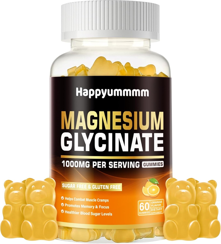 Μαγνήσιο Γλυκινικό Gummies 1000mg - Συμπλήρωμα μαγνησίου χωρίς ζάχαρη με βιταμίνη D, B6, CoQ10 για υποστήριξη ηρεμίας & ύπνου - 60 Orange Gummies