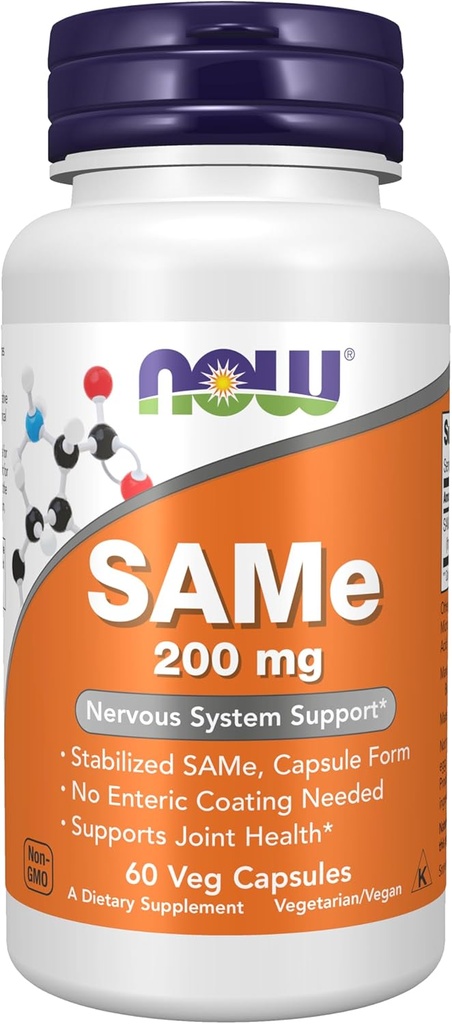 NOW Συμπληρώματα τροφίμων, SAME (S-Adenosyl-L-Μεθειονίνη) 200 mg, Υποστήριξη νευρικού συστήματος *, 60 κάψουλες Veg